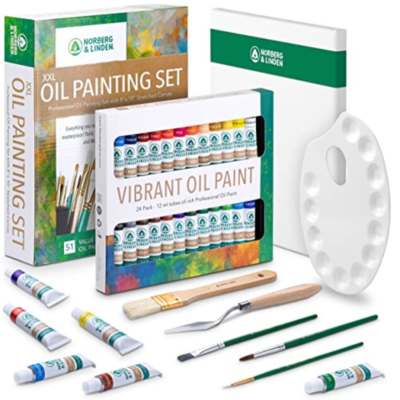 Norberg & Linden XXL Oil Paint Set - 24 Paints, 25 Brushes, 1 Canvas, and  Art Palette - Oil Painting Supplies for Kids and Adults, Paint Supplies
